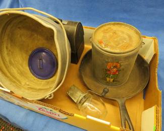 Lot 338. No name cast iron skillet, vintage aluminum pot, nut grinder, and more