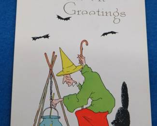 Lot 356. Vintage Halloween Pink Perfection Series 6929 postcard in excellent condition featuring a witch with a yellow hat and black cat.