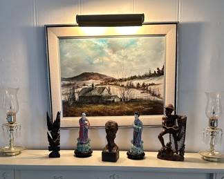 Wood carvings, Chinese figurines, hurricane lamps , original oil on canvas.