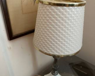 Milk glass base lamp, trinket box, and charcoal drawing.
