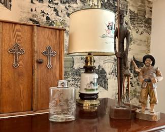Will call box, carvings and lamps