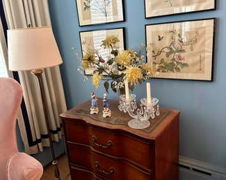 Mahogany stand, floor lamp, crystal candlestick, and porcelain Chinese figurines.