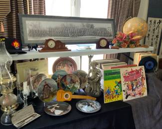 Sound of music collectible plates, oil lanterns, records, clocks
