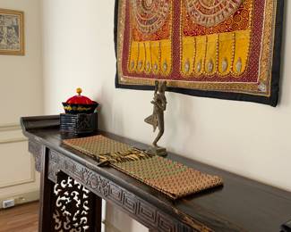 Chinese alter table, silk table runner, and silk wall hanging