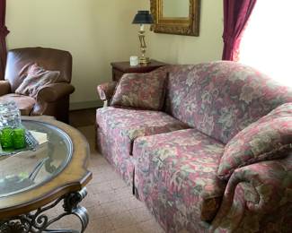 Clayton Marcus sofa, leather club chair, large gold framed mirror 