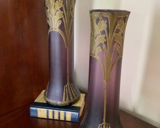 Stunning amethyst color Art Deco gold accented, blown glass vases