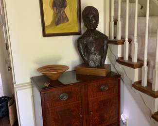 Antique stereo cabinet, bronze bust sculpture, hand turned wooded vessel, painting