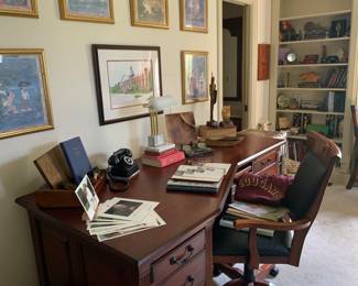 Executive desk, wheeled wooden office chair, vintage phone, TTU memorabilia, presidential holiday card collection,  framed Derryberry Hall print,  multiples of world travel collections