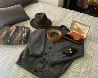 Vintage Pipe set, wool cardigan sweaters,  hat