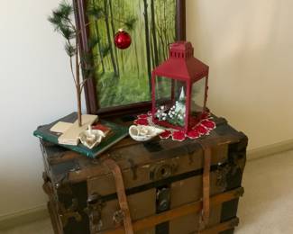 Antique trunk, Evelyn Sissom painting, Charlie Brown Christmas tree