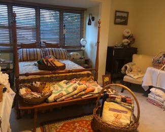 Four poster queen bed, antique quilts, sewing and yard supplies