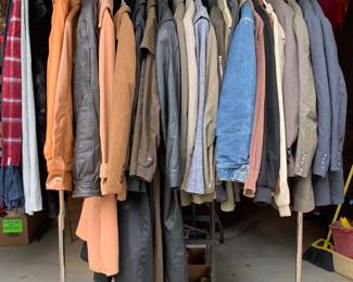 Men’s jackets, coats, outer shirts and suits. Sizes small-large.