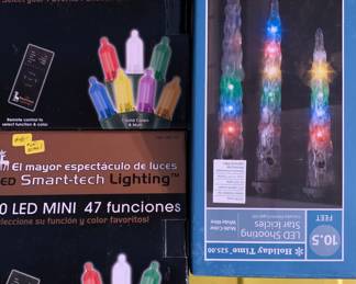 Boxes of LED colored lights and outdoor decorative lights for display use.