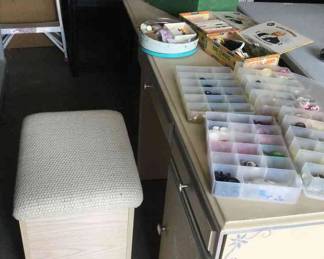 Decorated Sewing Table, Seat And Sewing Supplies