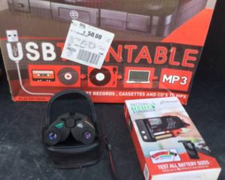 Electro USB Turntable, Vivitar Binoculars And Battery Tester