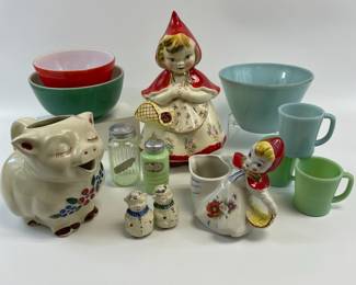 Pyrex, Fire King, and Shawnee...Oh My! Great Kitchen collectibles featuring Hull Pottery Little Red Riding Hood, Fire King Jadeite and more! 
