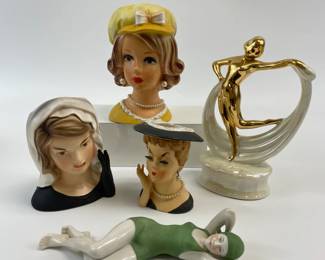 Girls Girls Girls! Lady Head Vases including Jackie Kennedy, Art Deco Gold decorated Figurine and a Heubach Bathing Beauty Figurine.