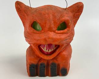 Vintage Halloween Paper Mache Cat on Fence w/ Original Paper Inset Face