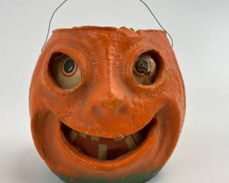 Vintage Halloween Paper Mache Jack O' Lantern with Original Inset Paper Face