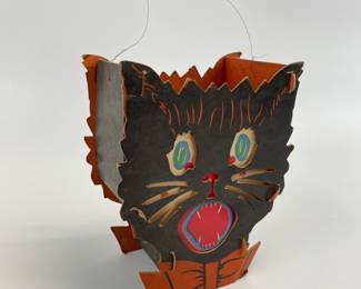 Vintage Halloween Double Sided Black Cat Lantern with Original Paper Face
