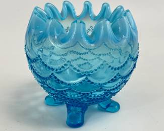 Blue Opalescent Footed Rose Bowl "Beaded Drapes" by Northwood c. 1905