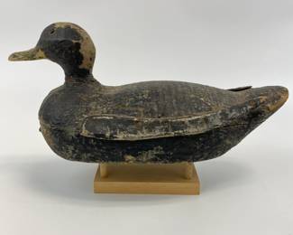 Early Wooden Black Duck Decoy - Hollow Body with Attached Wings