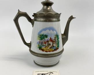 White Granite and Pewter Coffee Pot with Castle Decoration