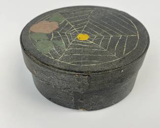 Round Wooden Pantry Box with Spiderweb Paint Decoration
