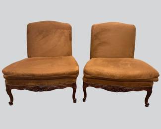 Pair Of Ralph Lauren Louis XV French Provincial Style Slipper Chairs In Ultra Seude Made By Henredon