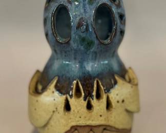 Glazed Pottery Owl Oil Burner, Signed Shinack
