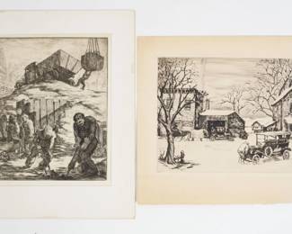 Edmond Mario Granville Lot of 2 Etchings incl Snowy Town Scene and NYC Construction Site