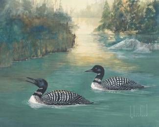 Original Signed Douglas Howland Painting Two Loons on Woodland Lake