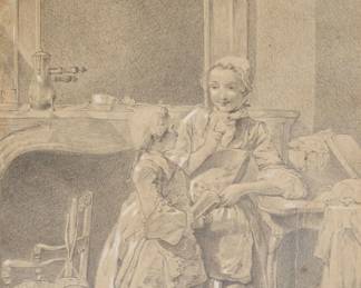 Antique 18c Old Master Mother and Son Interior Scene Drawing