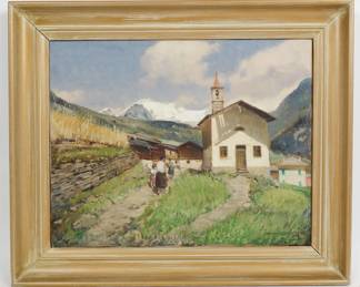 Signed Ottorino Campagnari Oil Painting Italian Village Chapel in Mountain Landscape w COA