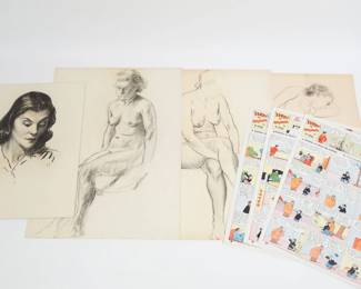 Orig Pop Momand Grp 4 Drawings Portrait Nudes, 3 Comic Strip Page Proofs, Keeping up w the Joneses