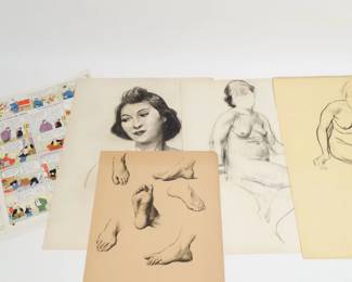 Orig Pop Momand Grp 4 Drawings Portrait Nudes, 3 Comic Strip Page Proofs, Keeping up w the Joneses