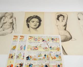 Orig Pop Momand Grp 4 Drawings Portrait Nudes, 3 Comic Strip Page Proofs, Keeping up w the Joneses