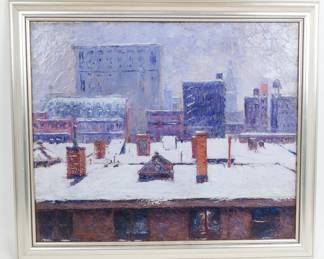 Signed Morris Hall Pancoast Snowy Rooftop View on 12th Street New York City NYC Oil Painting