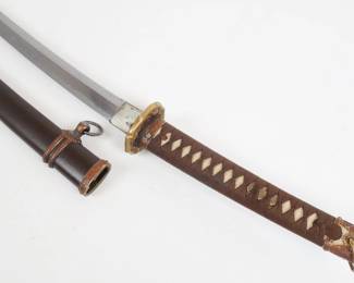 Antique Signed Japanese Katana Sword and Scabbard w Ornate Floral Tsuba, Menuki