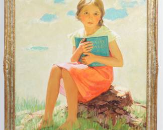 Signed Eugene Iverd Original Oil Painting of Little Girl Reading Book of Fairy Tales