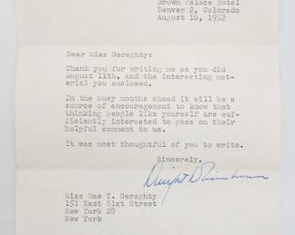 1952 President Dwight D Eisenhower TLS Typed Letter Signed