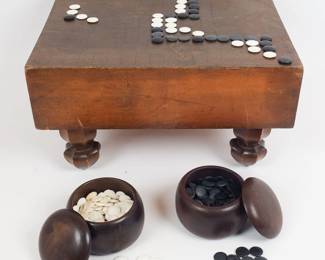 Antique Japanese Wooden Goban Go Game Board w Slate and Shell Stones