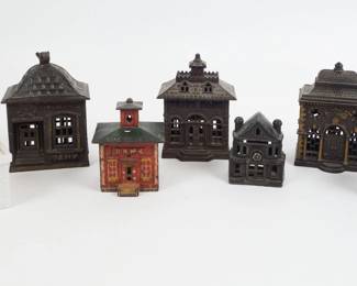 Antique 19c Group 7 Cast Iron Glass Still Coin Banks Building Motifs