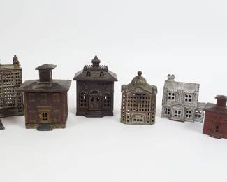 Antique 19c Group 8 Cast Iron Still Coin Banks  incl Bank Buildings and Houses