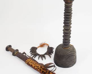 Antique West African Leopard Society Sword, Necklace, Carved Wooden Club