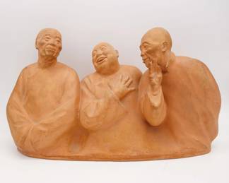 Signed Gaston Hauchecorne Terracotta Sculpture of 3 Chinese Men