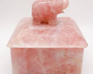 Antique Chinese Carved Rose Quartz Figural Elephant Box, Good Luck