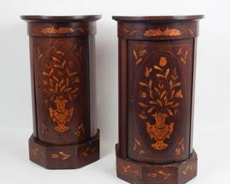 Antique Pair Wooden Dutch Marquetry Inlay Pedestal End Tables