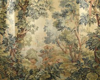 Antique Machine Made Tapestry Woodland Scene w Birds and Arched Stone Bridge