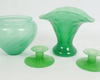 Vintage Group 4pc Art Deco Steuben Jade Green Art Glass incl Candlesticks, Vase, Bowl
